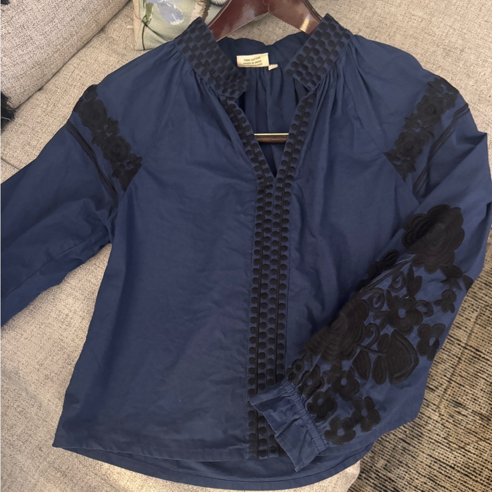 Embroidered Navy Women’s Blouse with Black Appliqué